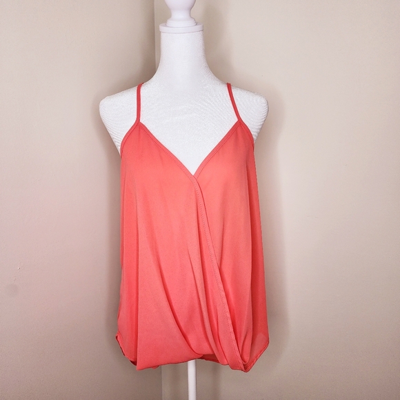 Lily White Tops - Lily White Bright Coral High-Low Cross Front Flowy Semi-Sheer Summer Top Size L